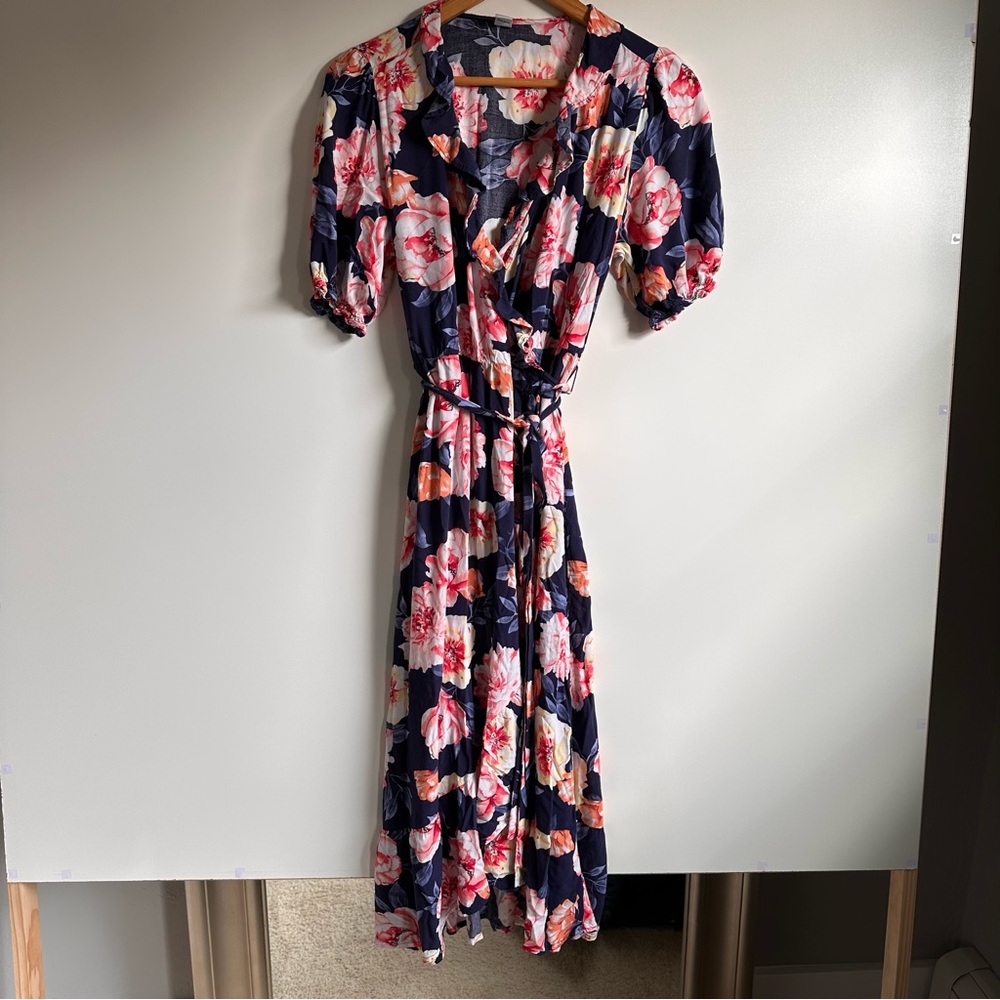 Old Navy Floral Midi Wrap Dress with Puff Sleeves Size M Flowy Cottagecore